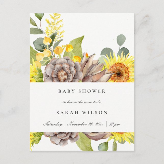 WILD SUNFLOWER EUCALYPTUS PINE FLORAL BABY SHOWER INVITATION POSTCARD (Front)