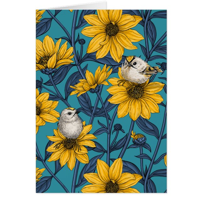 Wild sunflowers and goldcrest birds/ yellow  (Front)