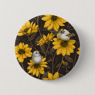 Wild sunflowers and goldcrest birds/ yellow 6 cm round badge