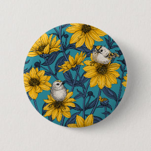 Wild sunflowers and goldcrest birds/ yellow 6 cm round badge