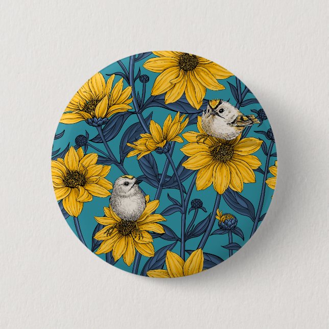 Wild sunflowers and goldcrest birds/ yellow 6 cm round badge (Front)