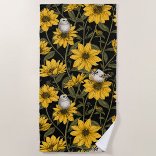 Wild sunflowers and goldcrest birds/ yellow and gr beach towel