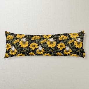 Wild sunflowers and goldcrest birds/ yellow and gr body cushion