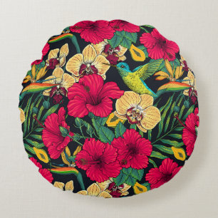 Wild sunflowers and goldcrest birds/ yellow and gr round cushion