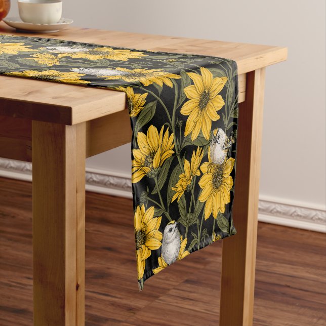 Wild sunflowers and goldcrest birds/ yellow and gr short table runner (In Situ)