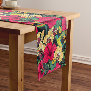 Wild sunflowers and goldcrest birds/ yellow and gr short table runner