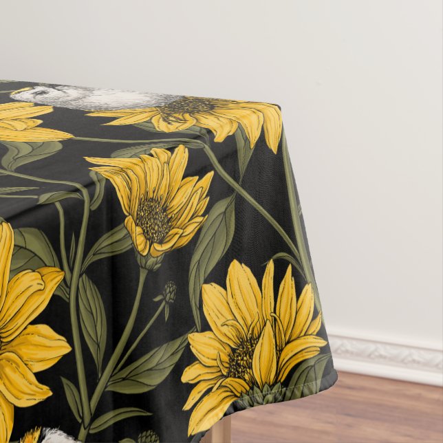 Wild sunflowers and goldcrest birds/ yellow and gr tablecloth (In Situ)
