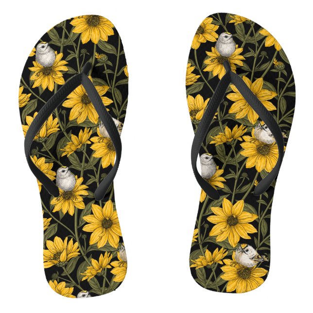Wild sunflowers and goldcrest birds/ yellow and gr thongs (Footbed)
