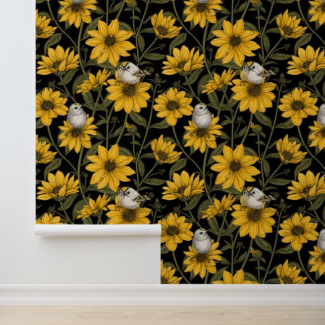 Wild sunflowers and goldcrest birds/ yellow and gr wallpaper (Application)
