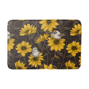 Wild sunflowers and goldcrest birds/ yellow bath mat