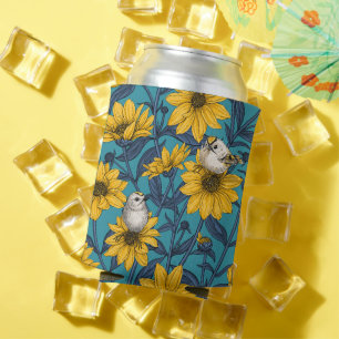 Wild sunflowers and goldcrest birds/ yellow can cooler