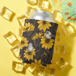 Wild sunflowers and goldcrest birds/ yellow can cooler