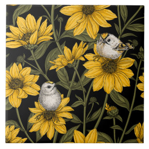 Wild sunflowers and goldcrest birds/ yellow  ceramic tile
