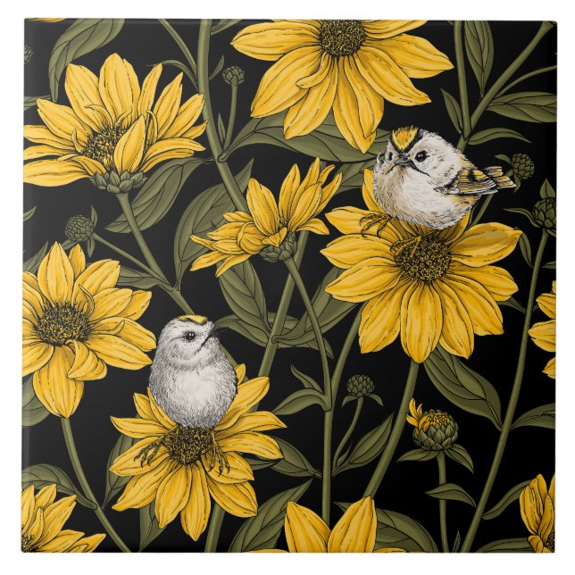 Wild sunflowers and goldcrest birds/ yellow  ceramic tile (Front)