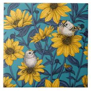 Wild sunflowers and goldcrest birds/ yellow  ceramic tile