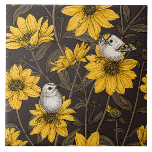 Wild sunflowers and goldcrest birds/ yellow  ceramic tile