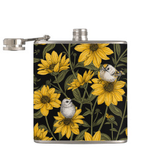 Wild sunflowers and goldcrest birds/ yellow hip flask