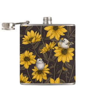 Wild sunflowers and goldcrest birds/ yellow hip flask