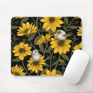 Wild sunflowers and goldcrest birds/ yellow mouse pad