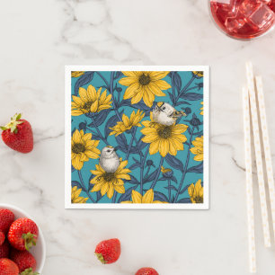 Wild sunflowers and goldcrest birds/ yellow napkin