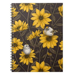 Wild sunflowers and goldcrest birds/ yellow notebook
