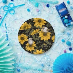 Wild sunflowers and goldcrest birds/ yellow  paper plate