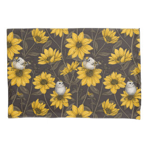 Wild sunflowers and goldcrest birds/yellow pillowcase