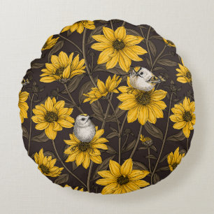 Wild sunflowers and goldcrest birds/yellow round cushion