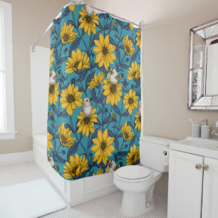 Wild sunflowers and goldcrest birds/ yellow shower curtain