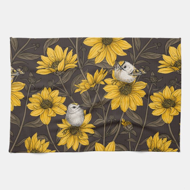 Wild sunflowers and goldcrest birds/ yellow  tea towel (Horizontal)