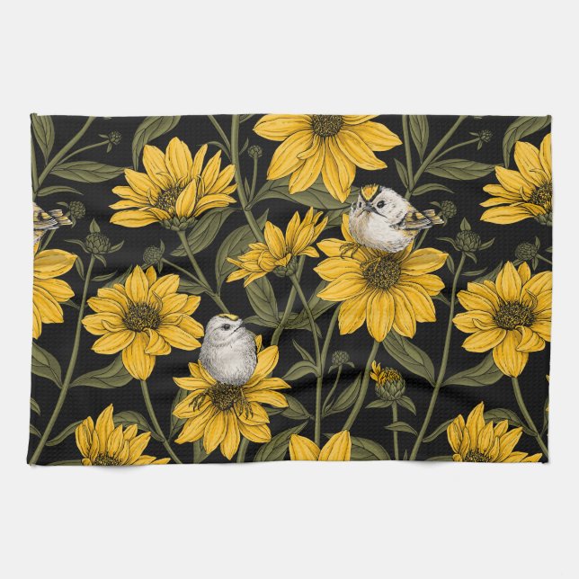 Wild sunflowers and goldcrest birds/ yellow  tea towel (Horizontal)