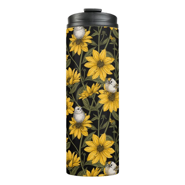 Wild sunflowers and goldcrest birds/ yellow  thermal tumbler (Front)