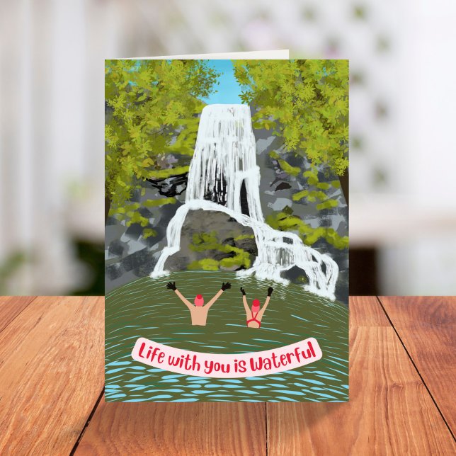 Wild Swimming Funny Waterfall Pun Valentines Day Holiday Card (Creator Uploaded)