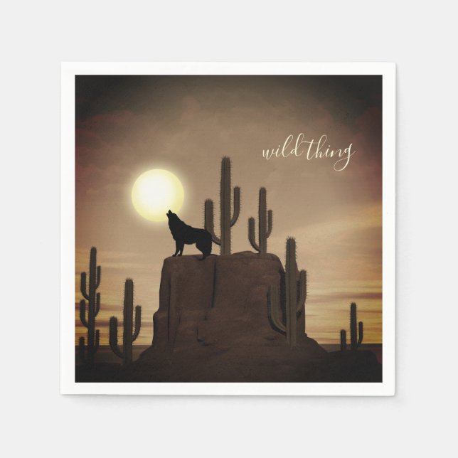 wild thing ~ Full Moon Wolf Howling Desert Cactus Napkin (Front)