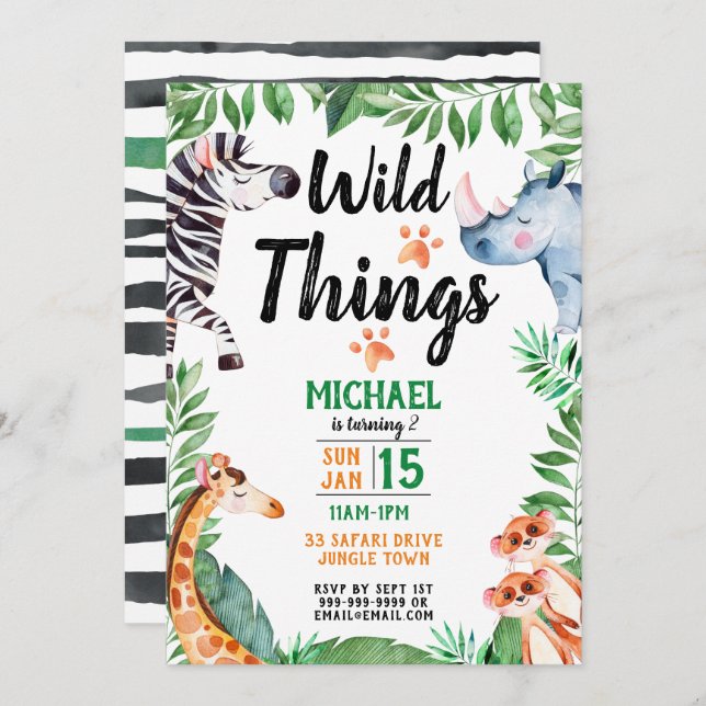 Wild Things Safari Animal Kids Birthday Invitation (Front/Back)