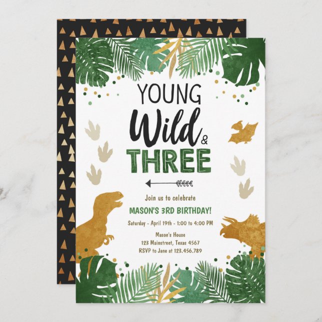 Wild Three Dino Party Boy Gold Dinosaur Birthday Invitation (Front/Back)