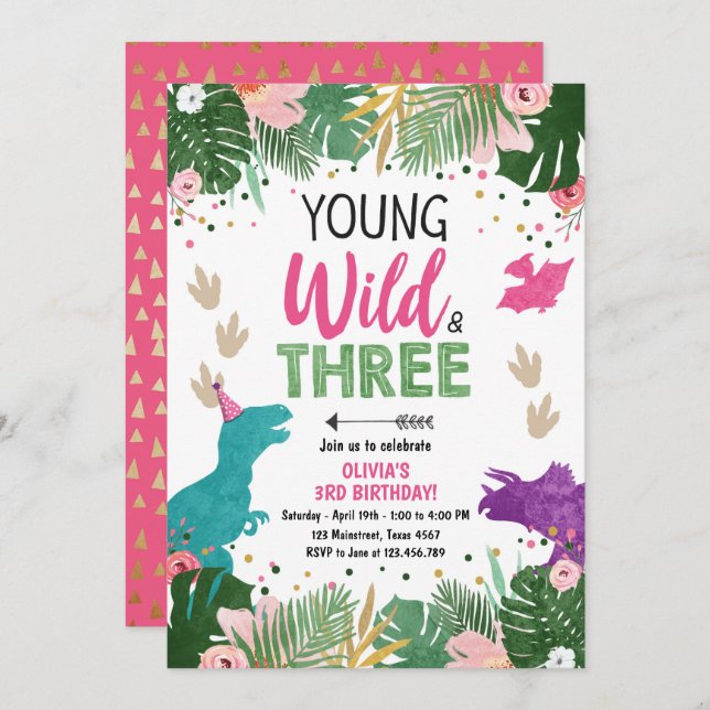 Wild Three Dino Party Girl Pink Dinosaur Birthday Invitation (Front/Back)
