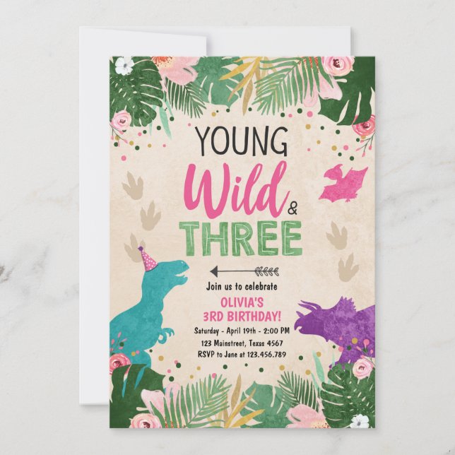 Wild Three Dino Party Girl Pink Dinosaur Birthday Invitation (Front)