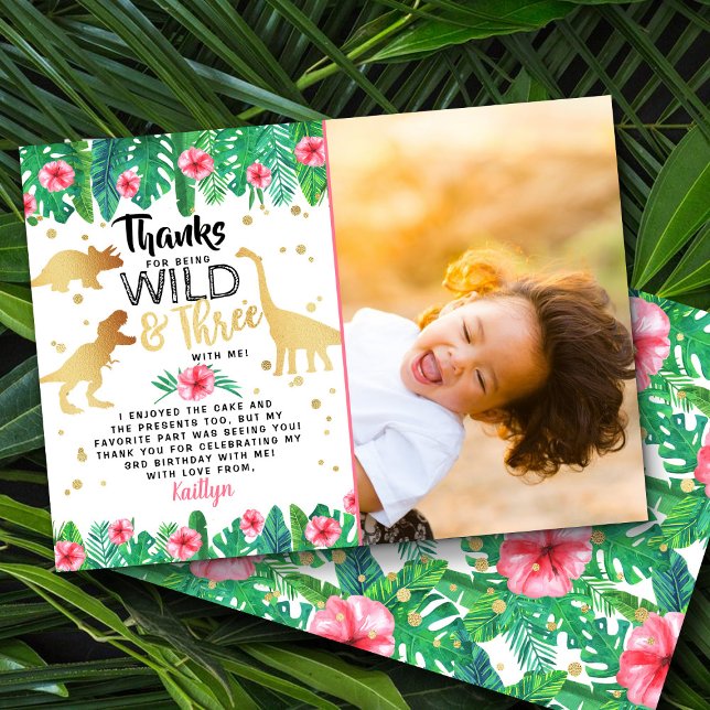 Wild & Three Girls Dinosaur Third Birthday Photo Thank You Card (Creator Uploaded)