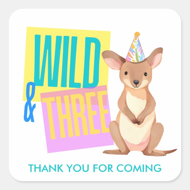 Wild & Three Kangaroo 3rd Birthday Favour Stickers (Front)