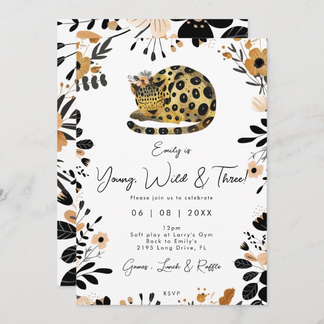 wild three leopard floral 3rd birthday invitation (Front/Back)