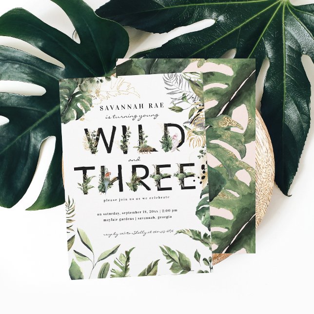 Wild & Three Tropical Greenery 3rd Birthday  Invitation (Creator Uploaded)
