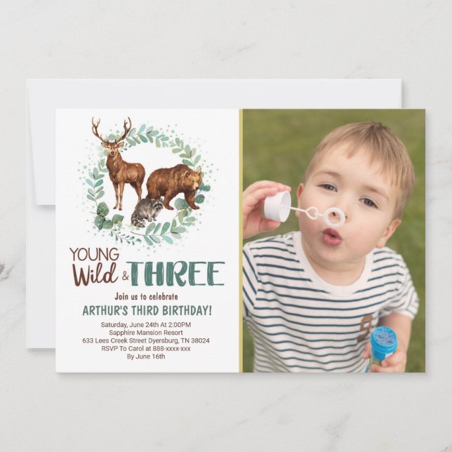 Wild Three Woodland Animals Birthday Invitation (Front)