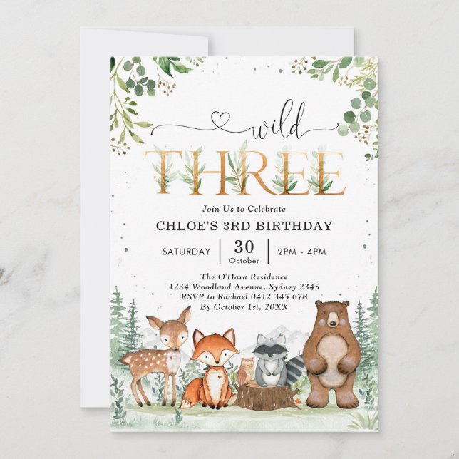 Wild Three Woodland Party Animals 3rd Birthday Invitation (Front)