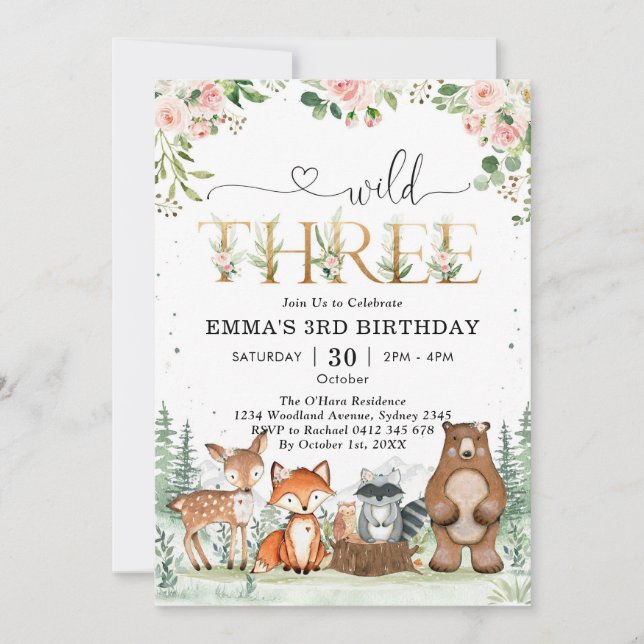 Wild Three Woodland Party Animals 3rd Birthday Invitation (Front)