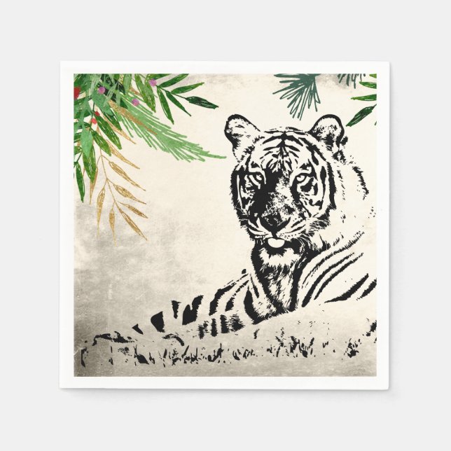 Wild Tiger and Palm Fronds Paradise Napkin (Front)