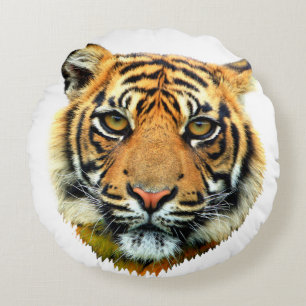 Wild Tiger Animal Face on White Round Cushion