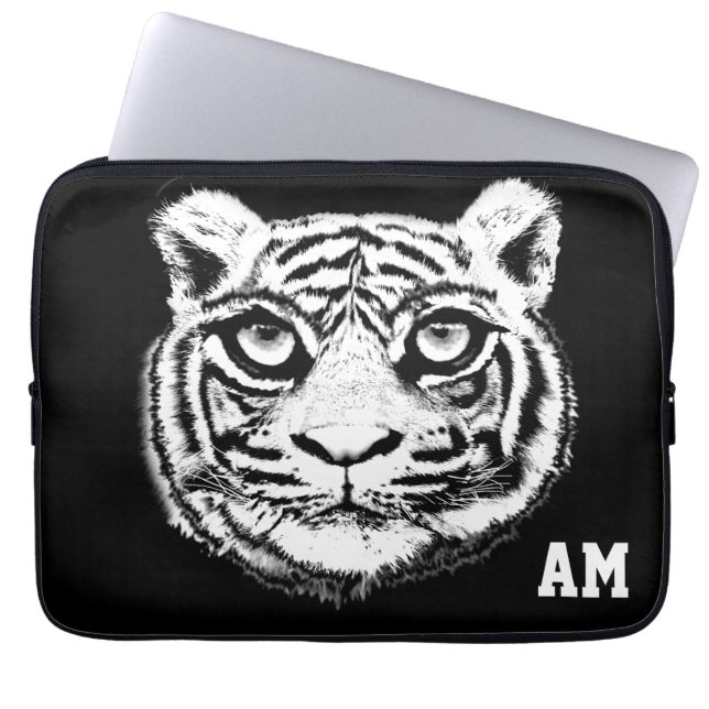 Wild Tiger Face on Black Monogrammed Laptop Sleeve (Front)
