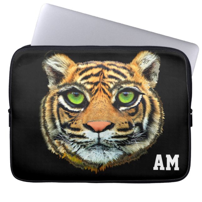 Wild Tiger Face on Black Monogrammed Laptop Sleeve (Front)