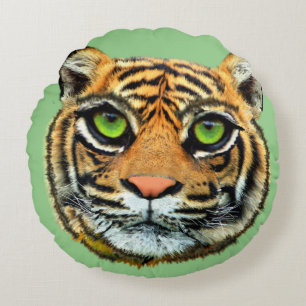 Wild Tiger Face on Green Round Pillow